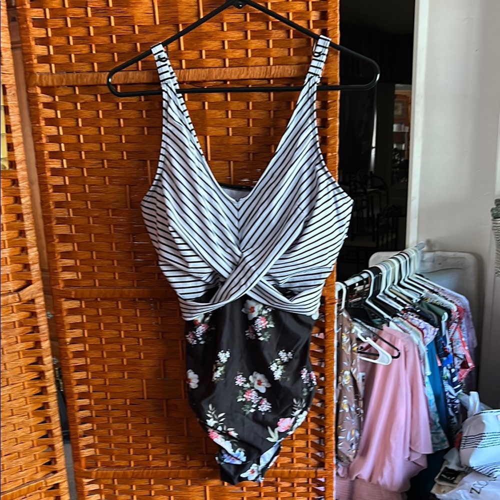 Striped Floral  One Piece Swimsuit